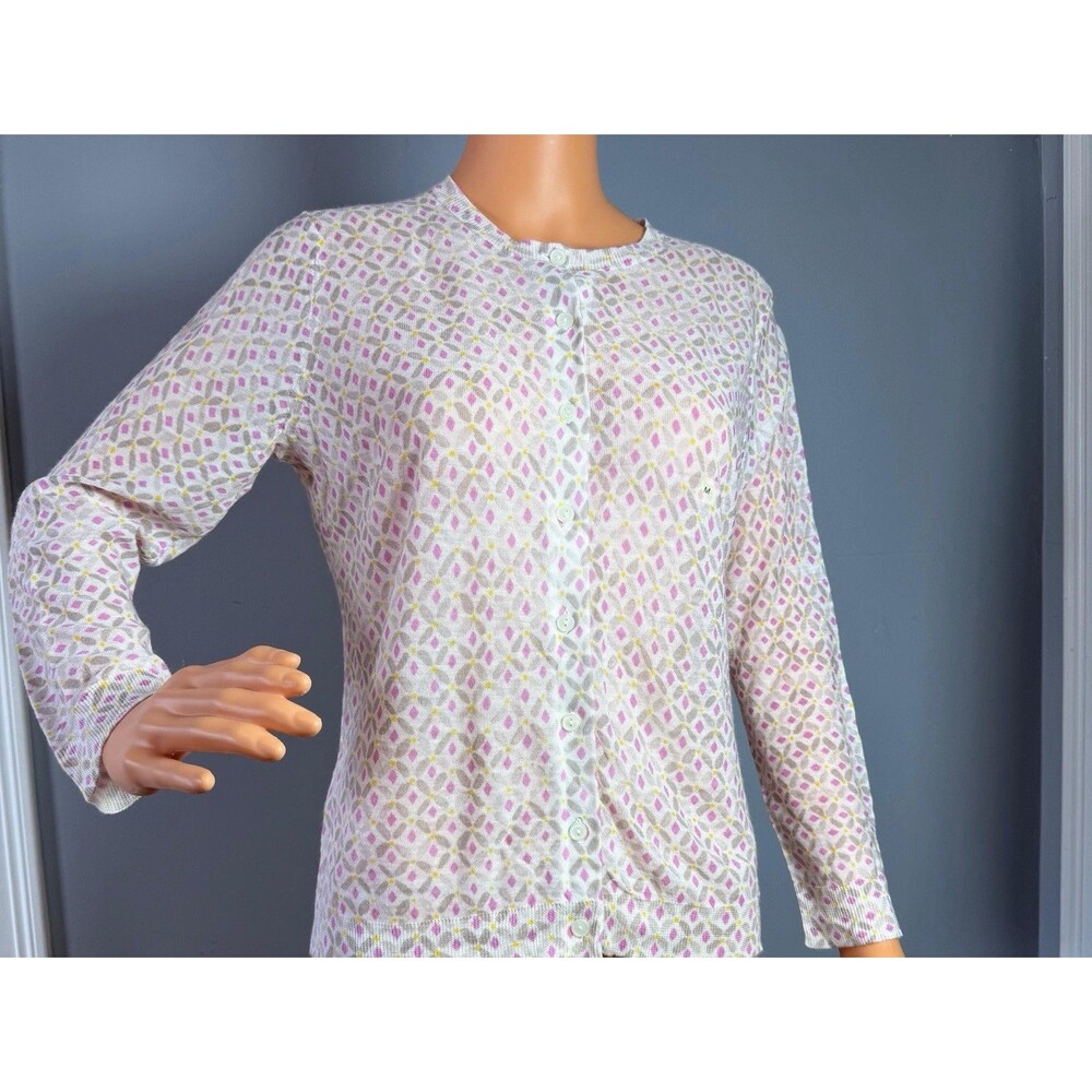 LOFT Ann Taylor Cardigan Sweater Medium M NWT Diamond Print Ramie Rayon White.